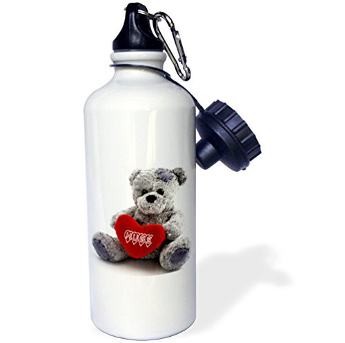 3dRose wb_76739_1"Gray Teddy Bear with Hugs on a Red Heart" Sports Water Bottle, 21 oz, White