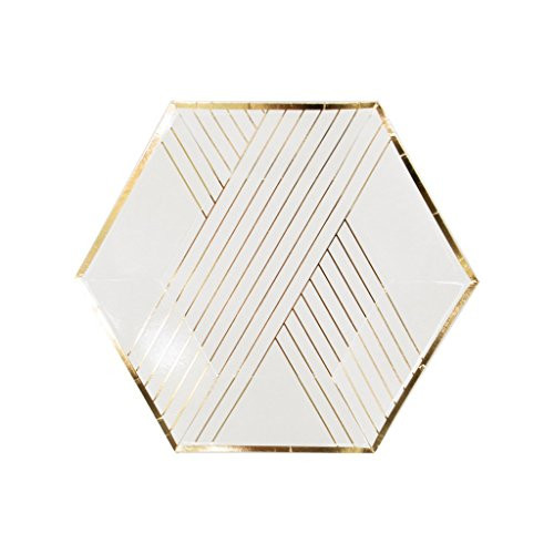 White Gold Striped Small Paper Plates - Birthday, Wedding, Showers Party Napkins - Harlow & Grey Blanc (8 Count)
