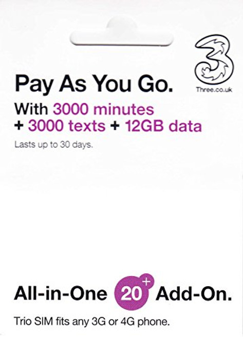 PrePaid Europe (UK THREE) sim card 12GB data+3000 minutes+3000 texts for 30 days with FREE ROAMING / USE in 71 destinations including all European countries