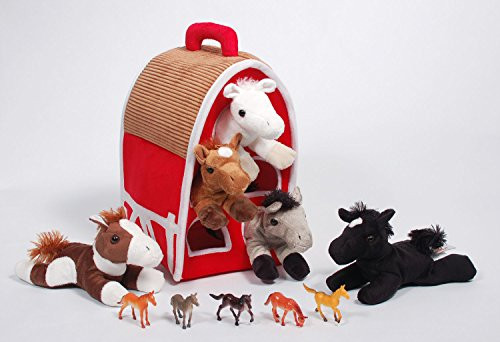 SFS Gifts 12" Red Plush Horse Barn with 5 Stuffed Animal Horses by Unipak and 5 Bonus Horse Figures SFS Gifts 12" Red Plush Horse Barn with 5 Stuffed Animal Horses by Unipak and 5 Bonus Horse Figures