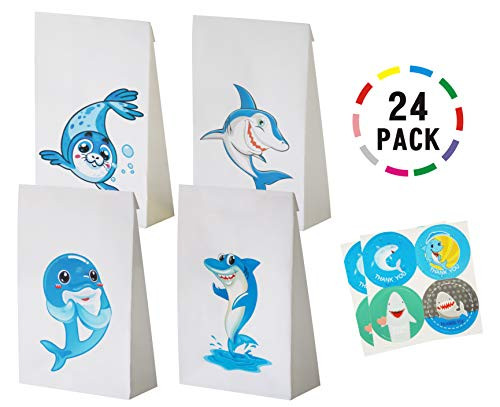 Uniceworld 24Pcs Shark Bags Party Favor Goodies Bags Birthday Theme Party Decoration Gift Bags with Shark Stickers Set of 24