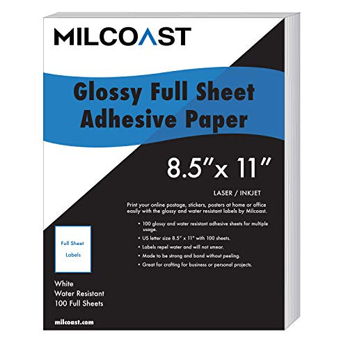 Milcoast Full Sheet 8.5" x 11" Shipping Sticker Paper Adhesive Labels Glossy Water Resistant for Laser or Inkjet Printer (100 Full Sheet)