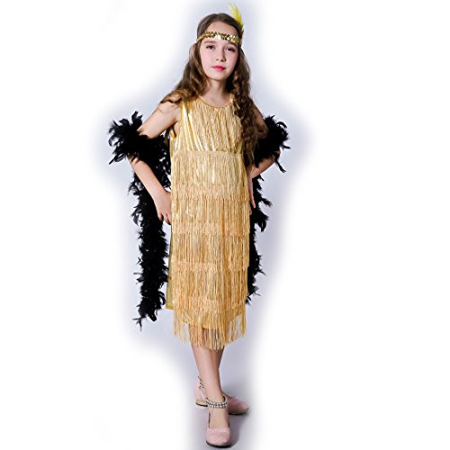 flatwhite Girl 's Fashion Flapper Satin Dress Costume for Children (4-6 Y, Gold)