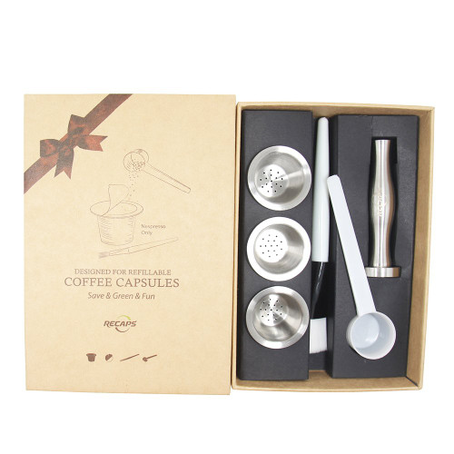 RECAPS Stainless Steel Refillable Nespresso Capsules Reusable Pods for Nespresso Machines (3 Pods + 120 Lids + 1 Tamper)