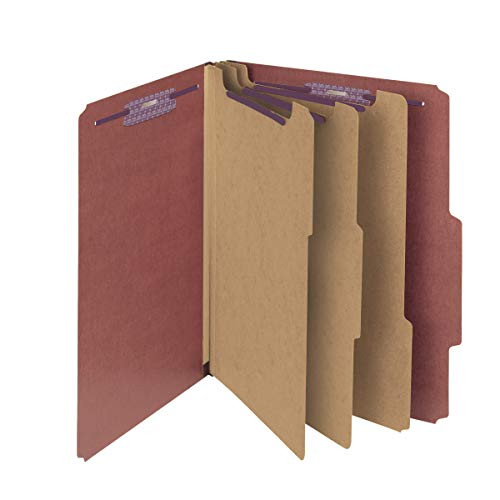 Smead Pressboard Classification File Folder with SafeSHIELD Fasteners, 3 Dividers, 3" Expansion, Letter Size, Red, 10 per Box (14092)
