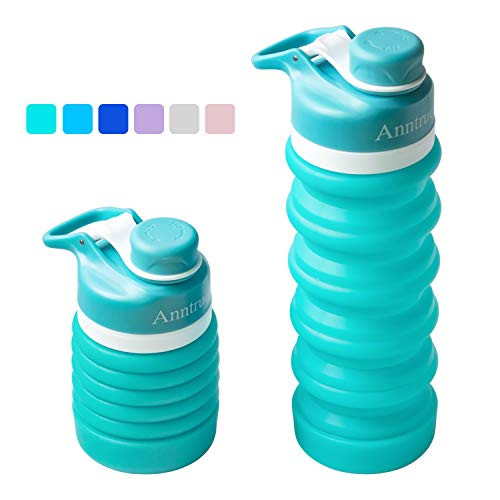 Anntrue Collapsible Water Bottle BPA Free, FDA Approved Food-Grade Silicone Portable Leak Proof Travel Water Bottle, 18oz (Aqua Blue)