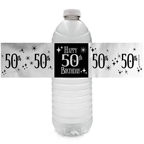 Black and Silver 50th Birthday Party Water Bottle Labels | Shiny Foil | 24 Count