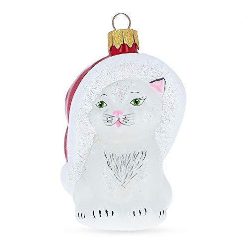 BestPysanky White Cat in Santa Hat Mouth Blown Glass Christmas Ornament 3.8 Inches