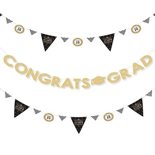 Gold - Tassel Worth The Hassle - 2019 Graduation Party Letter Banner Decoration - 36 Banner Cutouts and No-Mess Real Gold Glitter Congrats Grad Banner Letters