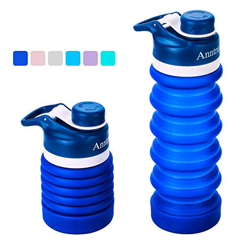 Anntrue Collapsible Water Bottle BPA Free, FDA Approved Food-Grade Silicone Portable Leak Proof Travel Water Bottle, 18oz(Navy Blue)