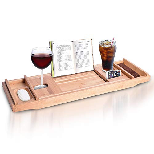 Wooden Organic Bamboo Bath Tray for Tub - Teak Bath Caddy as Bathtub Table Tray Caddy Book Holder - Bath Trays for Tub with Book Stand Extending Sides over Every Tub