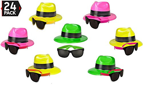 24 Neon Party Supplies Pack - Party Favors Assortment - 12 Neon Sunglasses & 12 Neon Plastic Gangster Hats - Fun Party Toys