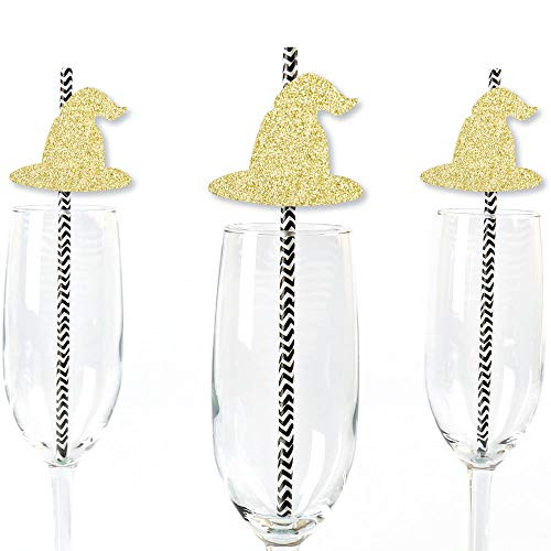Gold Glitter Witch Hat Party Straws - No-Mess Real Gold Glitter Cut-Outs & Decorative Halloween Party Paper Straws - Set of 24