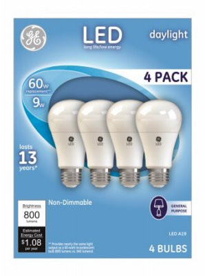 General Electric 62010 4PK WHT 4 Pack 9W Daylight A19 Shape LED Light Bulb