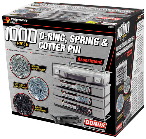 Performance Tool W5353 O-Ring, Spring, Cotter Pin, Assortment With Mountable Rack (1000-Piece Set)