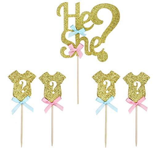 He or She Cake Topper Gold and 24 baby clothes Cupcake Toppers - Gender Reveal Party & Baby Shower Decoration