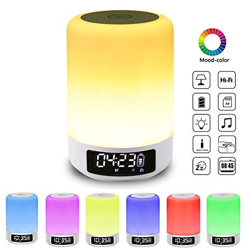 LK&smart Night Light,30% O F F, Alarm Clock with Bluetooth Speaker, Smart Touch Sensor Bedside Lamp, (Dimmable 3 Level Warm White Light & Six Color Changing RGB, Micro SD Supported)