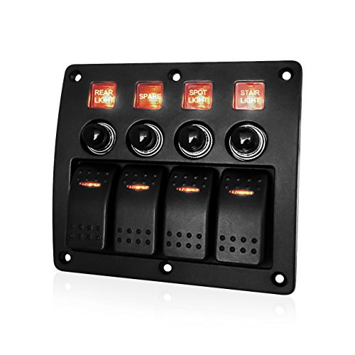 4 Gang Pre Wired Rocker Switch Panel - Waterproof On/Off Toggle Rocker, 12V 24V with Fuse, Circuit Breaker with 3 Pin Red LED Indicator for RV, Cars, Marine, Boat, Yacht