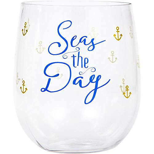 Wine Tumbler Plastic Wine Glasses Plastic Stemless Wine Glasses Beach Party Nautical Decor Anchor 14 Oz