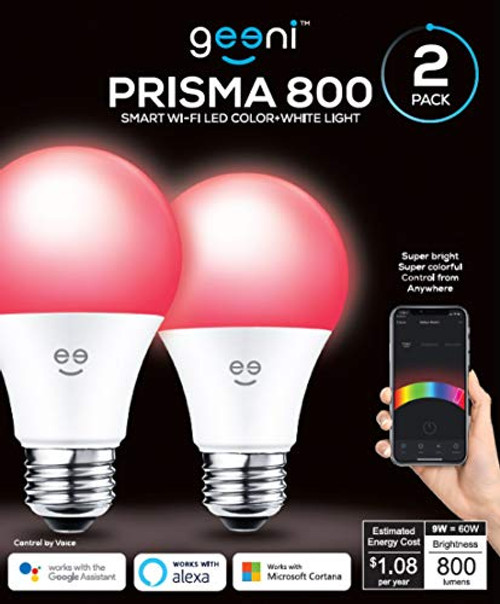 Geeni Multicolor Smart LED Light Bulb, Prisma 800 2 Pack Smart Light Bulb WiFi Smart Bulb A19 60w Equivalent, Dimmable WiFi Bulb 2700k, No Hub Required, Works with Alexa and Google Assistant 2 Pack