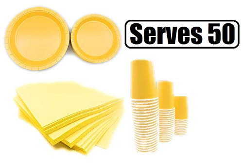 Serves 50 | Complete Party Pack | Yellow | 9" Dinner Paper Plates | 7" Dessert Paper Plates | 9 oz Cups | 3 Ply Napkins | office parties, birthday parties, festivals, Yellow Party Theme