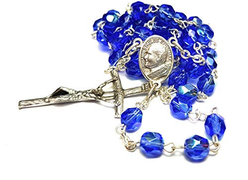 Made In Italy Blue Rosary Blessed by Pope Francis Vatican Rome Holy Father Crystal Glass Beads with Silver Toned Base Papal Cross Crucifix Blessing