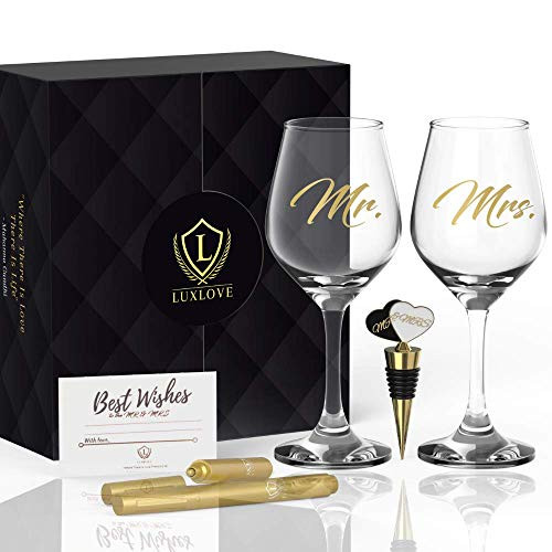 LUXURY MR & MRS WINE GLASS SET FOR COUPLES- Best Engagement Gifts for Her, Bride & Groom, Bridal Shower, Anniversary, Newlyweds, Wedding & Married Couple- FREE Wine Stopper, Glass Marker & Gift Card