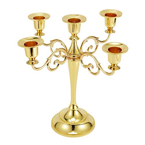 Dyna-Living Metal Candelabra, 5 Candle Holders Classical Tall Candlestick Wedding Events Candelabra Candle Stand Centerpiece, Gold