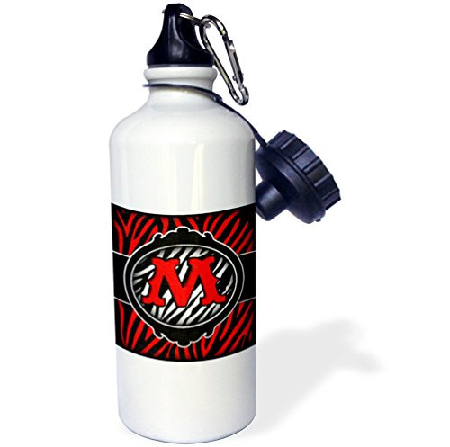 3dRose wb_102900_1"Wicked Red Zebra Initial Letter M" Sports Water Bottle, 21 oz, White