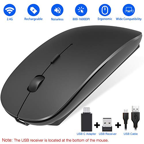 OKIMO Rechargeable Wireless Mouse, 2.4Ghz Silent Computer Office Portable Slim Optical Mouse with USB Receiver Type-C, 3-Level Adjustable DPI for Laptop, Computer, MacBook, Notebook, PC (Black)