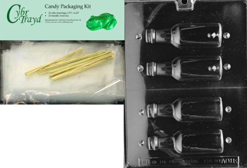 Cybrtrayd Mdk25G-AO113 Medium Bottles All Occasions Chocolate Candy Mold with Packaging Bundle of 25 Cello Bags, 25 Gold Twist Ties and Chocolate Molding Instructions