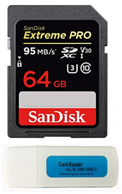 SanDisk 64GB SDXC Extreme Pro Memory Card Works with Canon EOS R, M50, M100 Mirrorless Camera 4K V30 UHS-I (SDSDXXG-064G-GN4IN) with (1) Everything But Stromboli (TM) Combo Reader