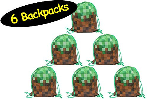 Pixel Party Favor Drawstring BACKPACKS // Video Game Party Favors Gamer Mario Party Bags // Gaming Goodie Bags Boys Birthday Miner Sports, 6 Pack, 12" x 14"