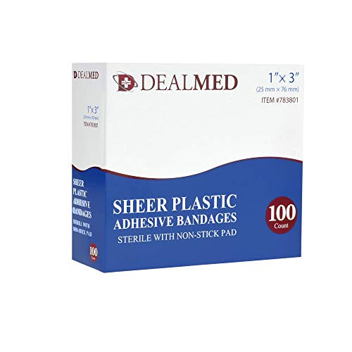Dealmed Sheer Plastic Flexible Adhesive Bandages, Sterile with Non-Stick Pad, 1" x 3", 100 Count