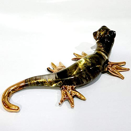 Sansukjai Gecko/Lizard Miniature Figurines Animals Hand Painted Blown Glass Art Gold Trim Collectible Gift Decorate, Black