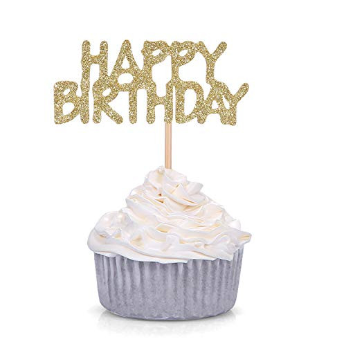 24 CT Gold Glitter Happy Birthday Cupcake Toppers Kid's Birthday Party Celebrating Decors