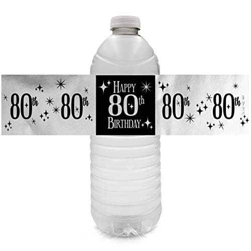 Black and Silver 80th Birthday Party Water Bottle Labels | Shiny Foil | 24 Count