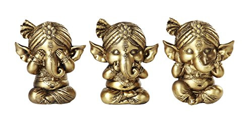 Pacific Giftware Set of Three Ganesha See No Evil Hear No Evil Speak No Evil Decorative Shelf Sitter Figurines 4 inch tall Gold Finish