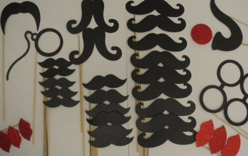 34 Pc Photo Booth Party Props Mustache on a Stick Mustaches Black Cardstock