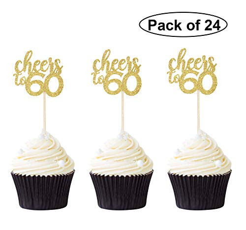Pack of 24 Cheers to 60 Cupcake Toppers Gold Glitter 60th Birthday Cupcake Picks Anniversary Party Decors