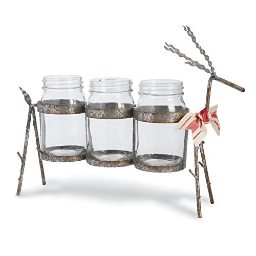 Mud Pie 40030012 Farmhouse Galvanized Tin Holiday Reindeer Mason Jar Caddy, Red/White