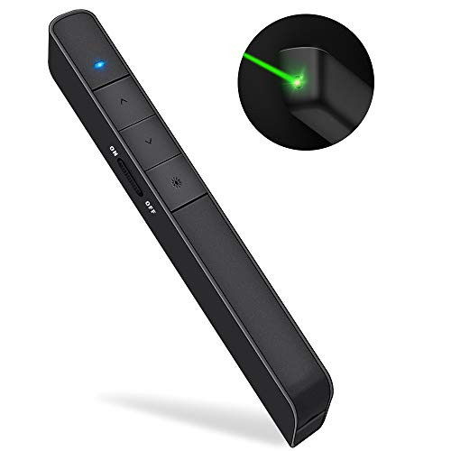 Dinofire Presentation Clicker Green Laser Pointer USB Rechargeable Wireless Presenter PowerPoint Clicker Hyperlink Presentation Remote Control Slide Advancer RF 2.4GHz For Keynote / Mac / PC / Laptop