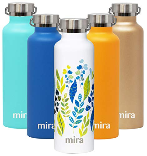 MIRA Stainless Steel Vacuum Insulated Water Bottle | Alpine Thermos Flask with 2 Lids | Keeps Water Stay Cold for 24 Hours, Hot for 12 Hours | Metal Bottle BPA-Free Cap | Spring Leaves | 25 oz