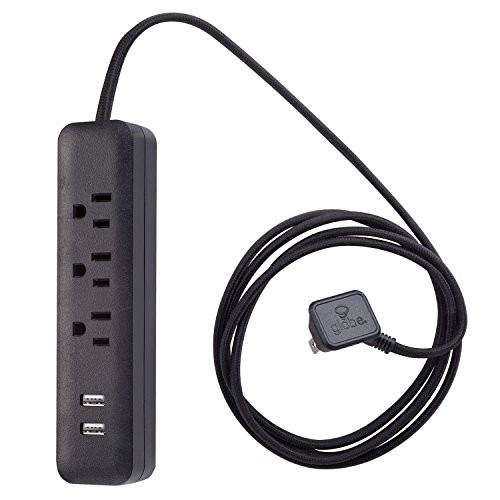 Globe Electric 78249 Designer Series Surge Protector Power Strip, 3 Outlet, 2x USB Ports, Black
