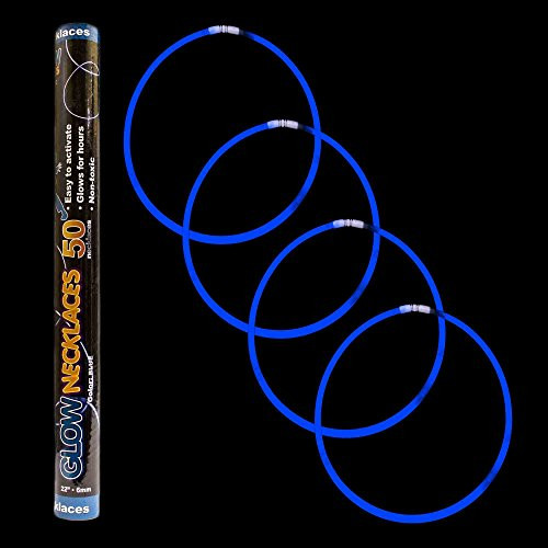 Fun Central S6, 50 Pcs 22 Inches Blue Premium Glow Stick Necklaces, Cool Glow Sticks, Neon Glow Sticks, Glowing Necklaces Bulk, Glow in The Dark Party Pack for Concerts, Rave and Night Party