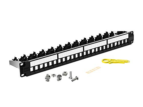 AMPCOM 24-Port 1U STP/UTP Blank Keystone Patch Panel, 19 inch Rack Wall Mount with Rear Cable Management Panel, RJ45 Ethernet, USB, HDMI, CAT5/CAT5E/CAT6/CAT7