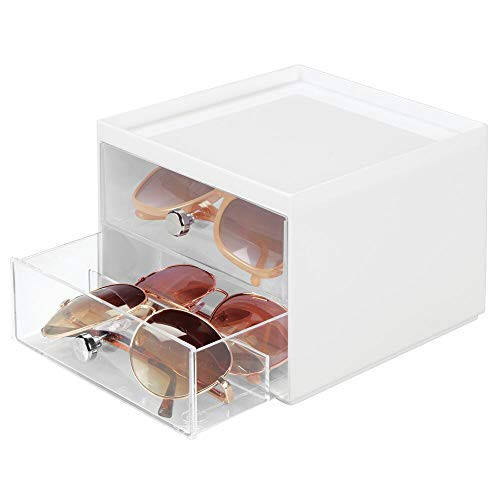 mDesign Stackable Plastic Eye Glass Storage Organizer Box Holder for Sunglasses, Reading Glasses, Accessories - 2 Divided Drawers, Chrome Pulls - White/Clear