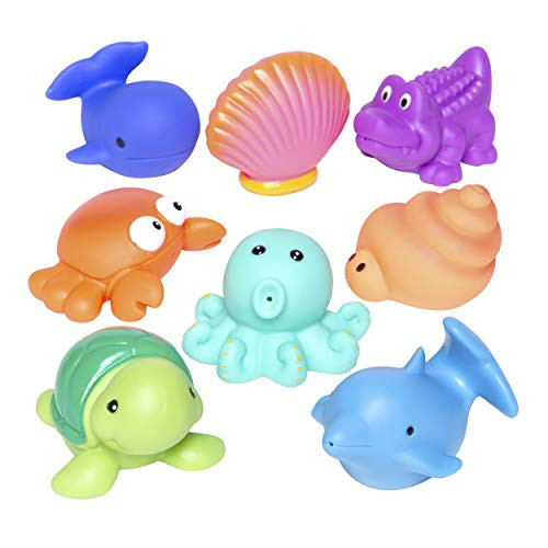 Elegant Baby Bath Time Fun Rubber Water Squirties , Animal Sea Party, Set of 8 Bath Squirt Toys