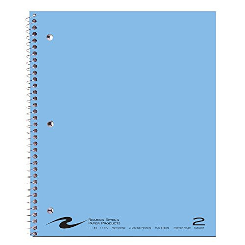 Roaring Spring Wirebound Notebook, Two Subject with 2 Double Pockets, 11" x 9", 100 sheets, College Ruled, Assorted Color Covers