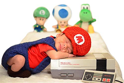 Infant Newborn Baby Boy Girl Crochet Costume Outfits Photography Props Super Mario Outfit Mario Hat+Pant 0-6 Months